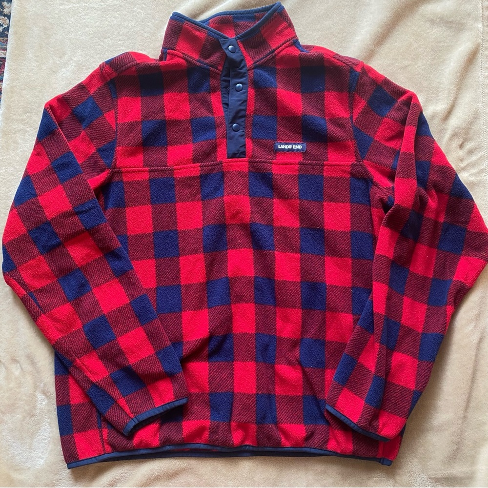 Lands' End M Red Navy Buffalo Plaid Snap Heritage Fleece Pullover